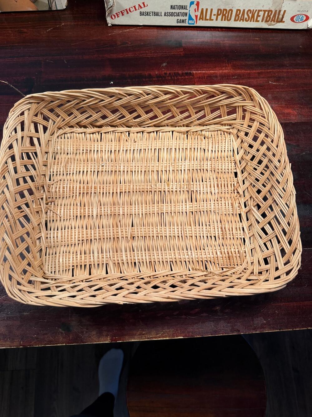 Vintage Large Woven Wicker Rattan Serving Tray/Basket Open Weave Border-16x11.5"